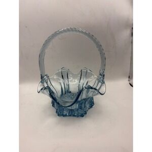 Vintage Fenton Light Blue Art Glass Basket Ruffled Scalloped Twisted Handle 8